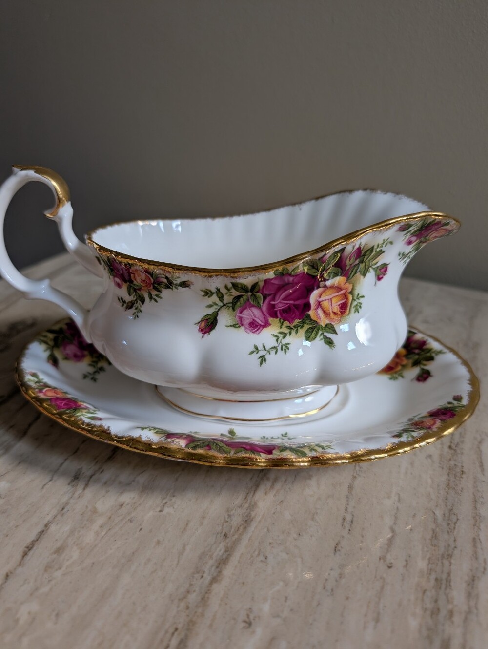 Royal Albert Old Country Roses White Porcelain Gravy Boat with Saucer